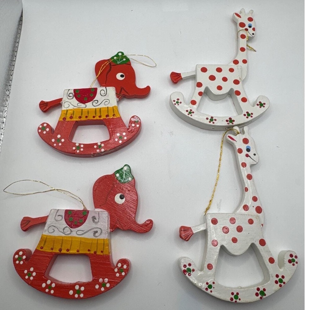 Vintage 1977 Kurt Adler Wooden Rocking Elephant Giraffe Christmas Ornaments Set